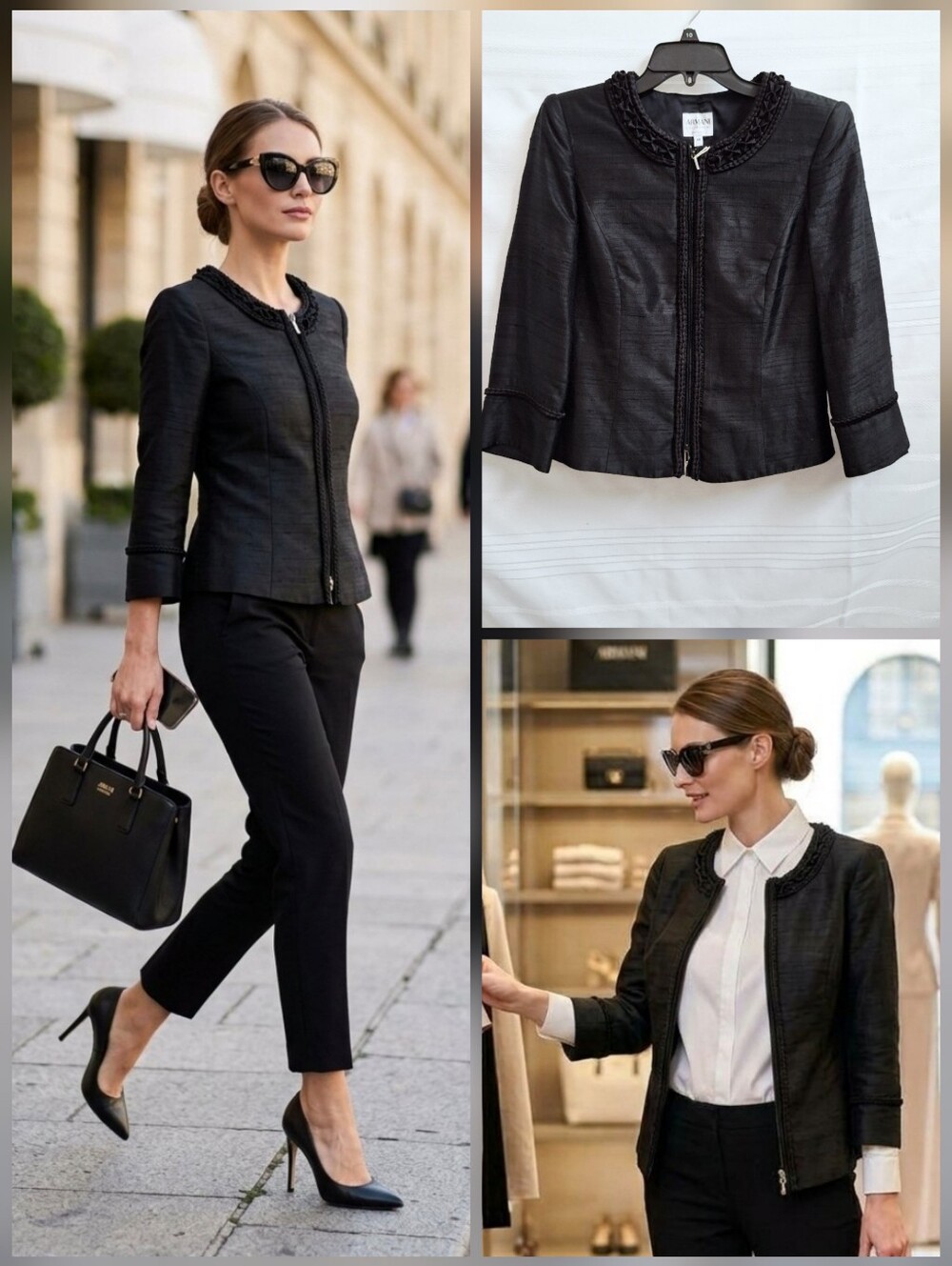💙Armani Collarless Black Zip-Front Cropped Jacket Blazer 🤍Size 10 *NEW!